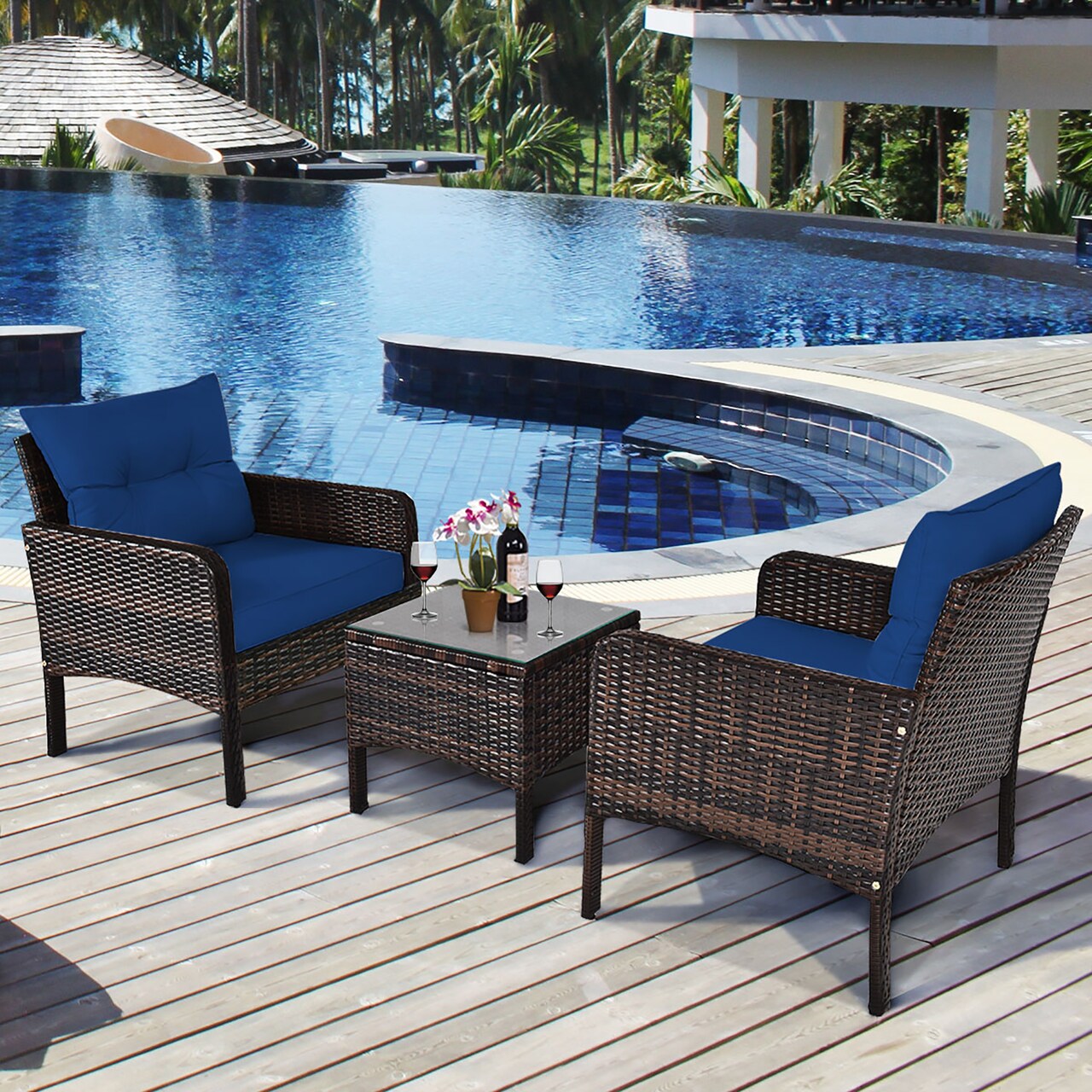 Costway 3PCS Outdoor Rattan Conversation Set Patio Garden Cushioned Sofa Chair